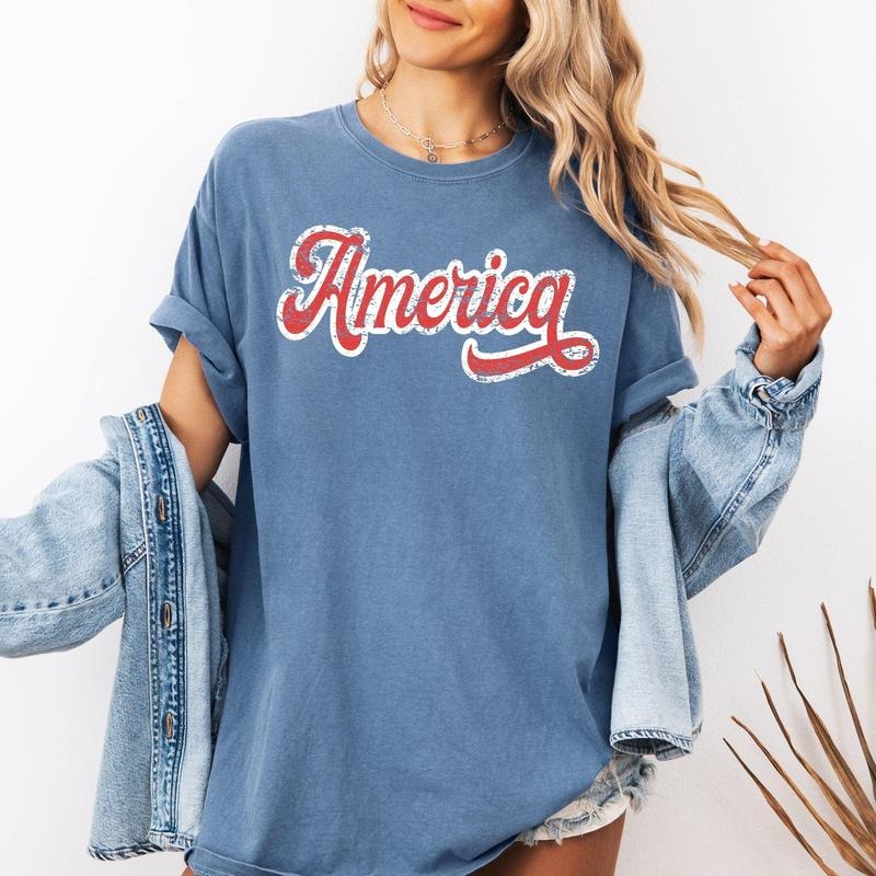 America, Red, White, Varsity, Retro, Patriotic, USA, 4th of July Tshirt, Women's Comfort Colors Tee
